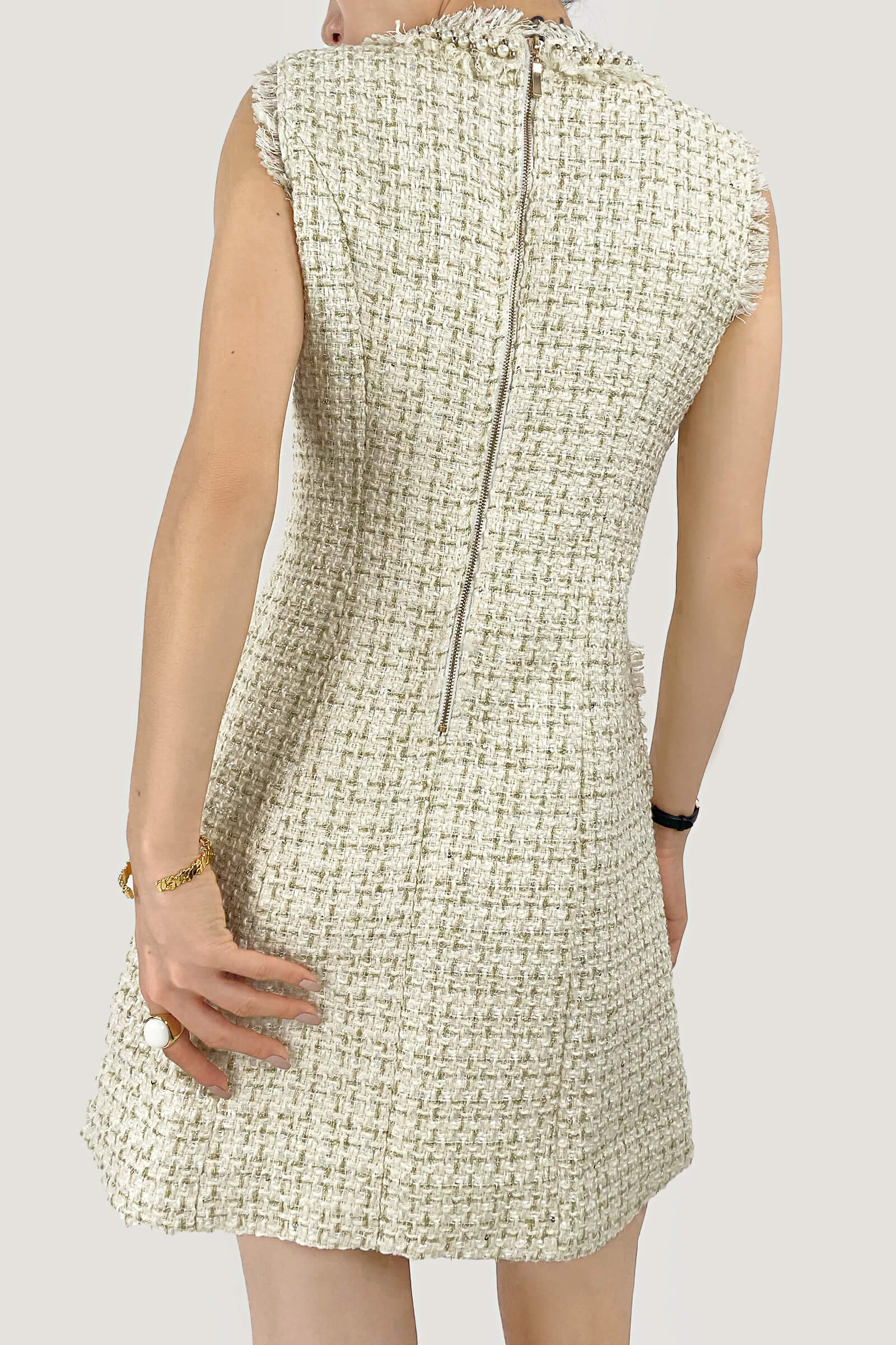 Pearl Collar Raw Fringe Trim Tweed Sleeveless Mini Dress