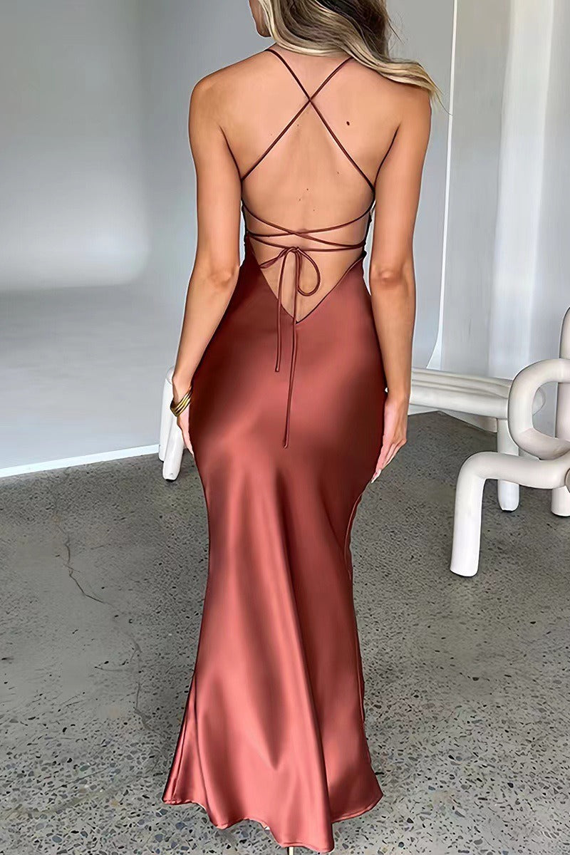 Satin Scoop Neck Spaghetti Strap Lace Up Back Bias Cut Slip Maxi Dress