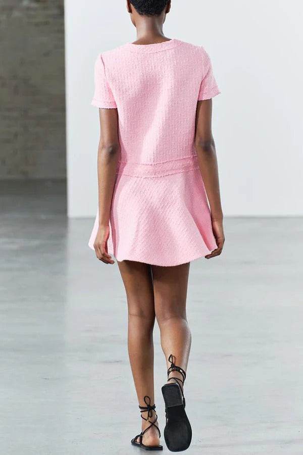 Textured Boucle Gold Button Short Sleeve A-Line Mini Dress