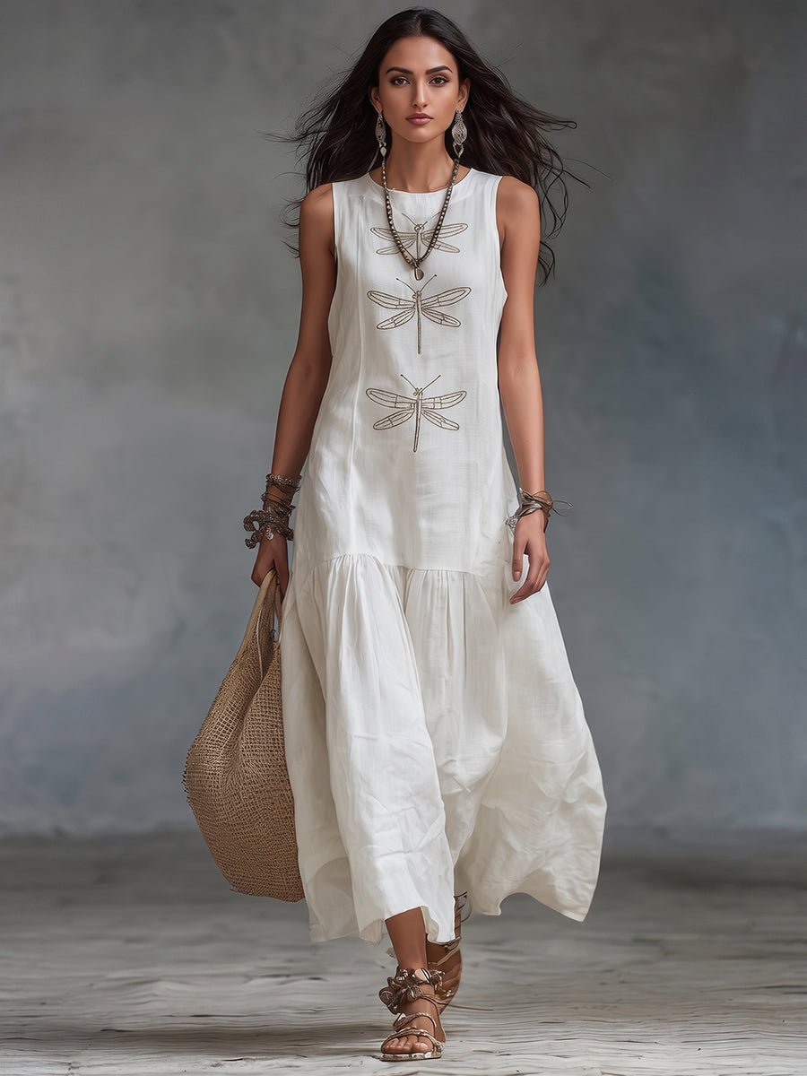 Sleeveless Dragonfly Print Tiered Maxi Dress