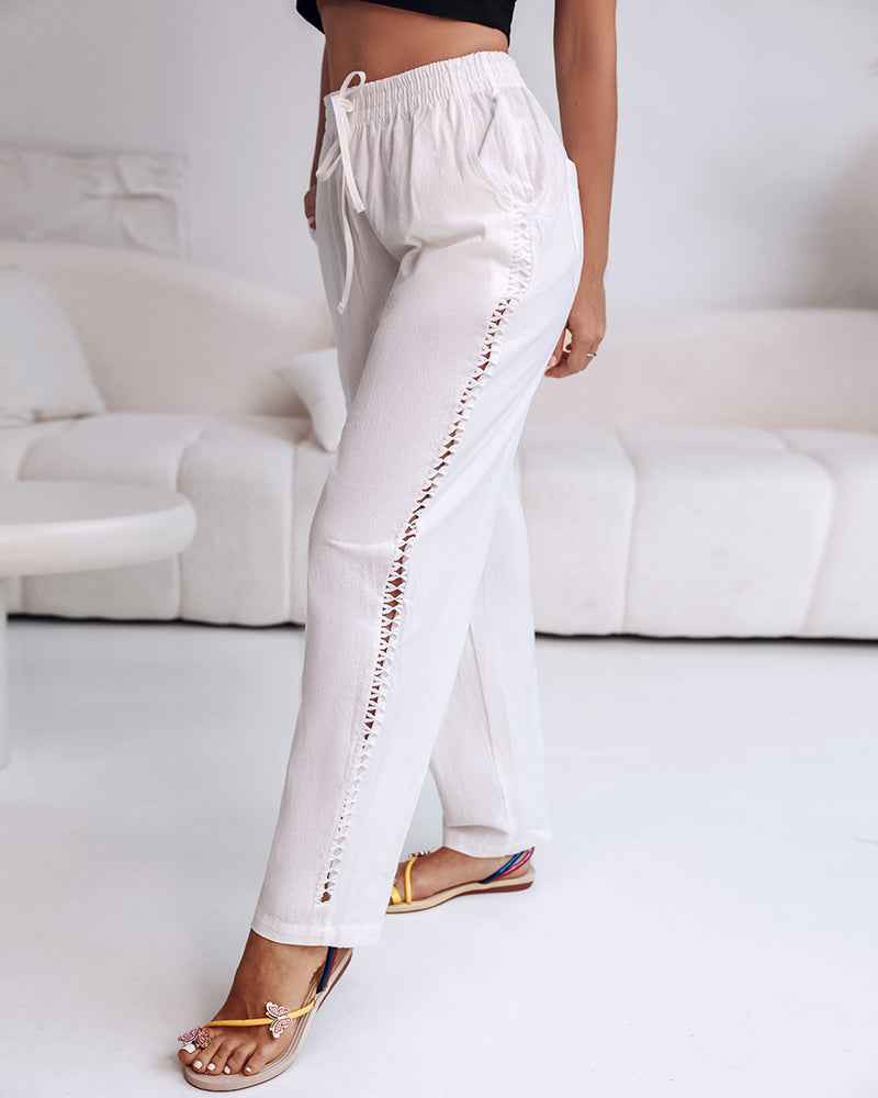 Natural Casual Pants With Hollow Out Spliced Details Drawstring Elastic Waist Pocket Cotton
