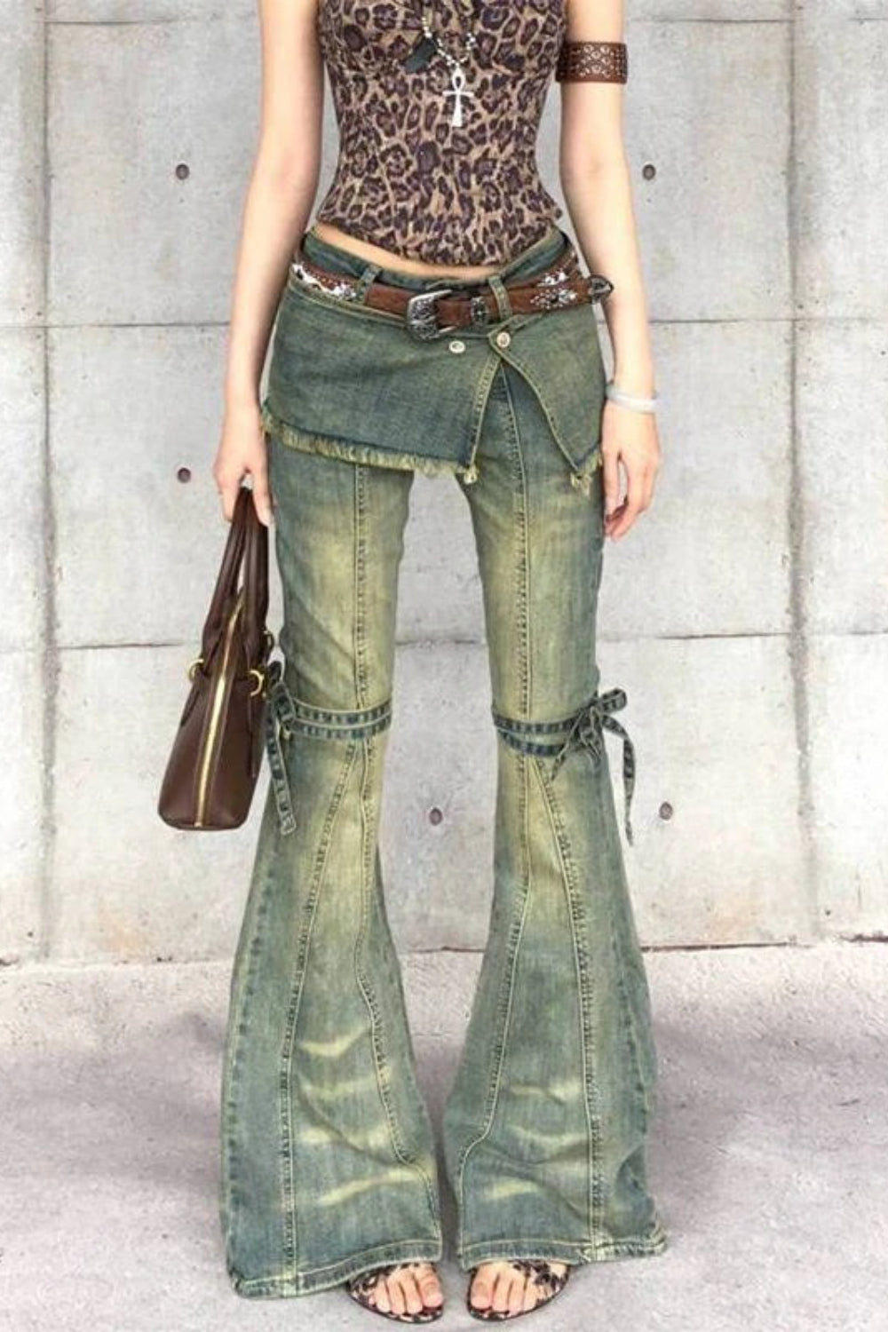 Low Rise Skirt Overlay Frayed Hem Bow Knee Flare Jeans