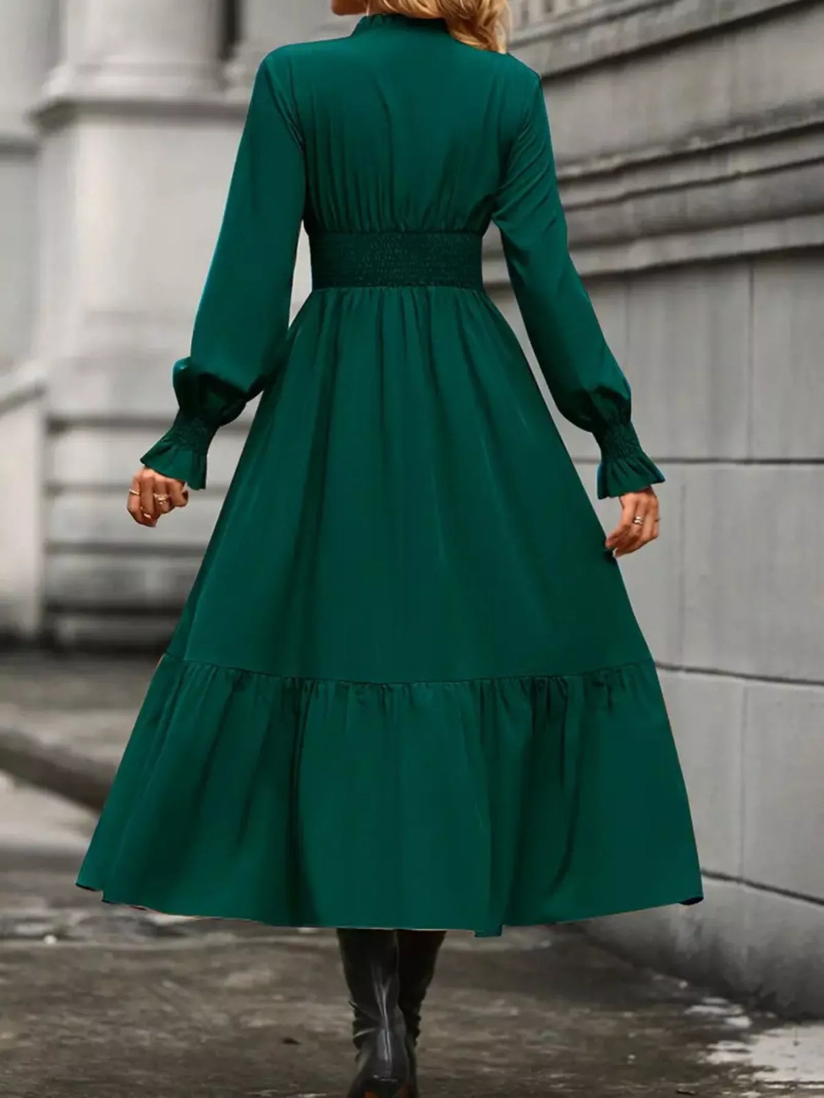 Surplice V-Neck Smocked Waist Balloon Sleeve Tiered Midi Dress 10