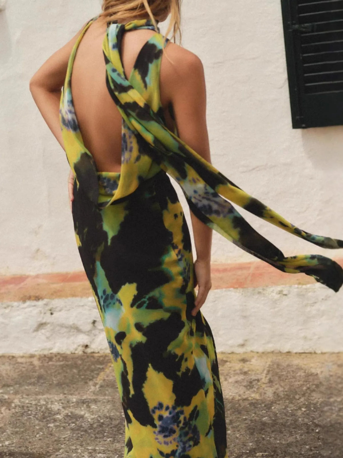 Abstract Print Chiffon Cowl Neck Scarf Halter Maxi Dress 4