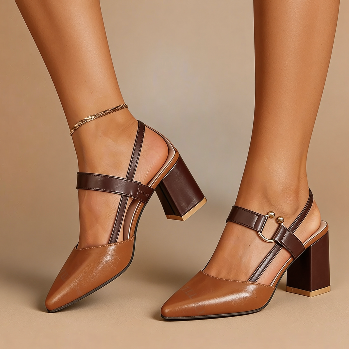 Pointed Toe Buckle Slingback Block Heel Pumps