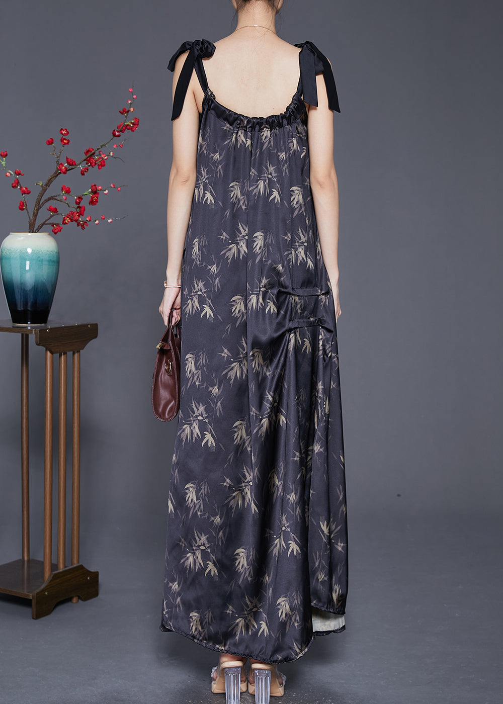 Bamboo Leaf Print Gathered Neck Bow Tie Strap Pocket Flap Sleeveless Maxi Dress
