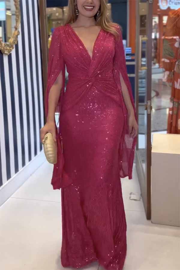 Sequin Deep V-Neck Cape Sleeve Twist Waist Maxi Dress