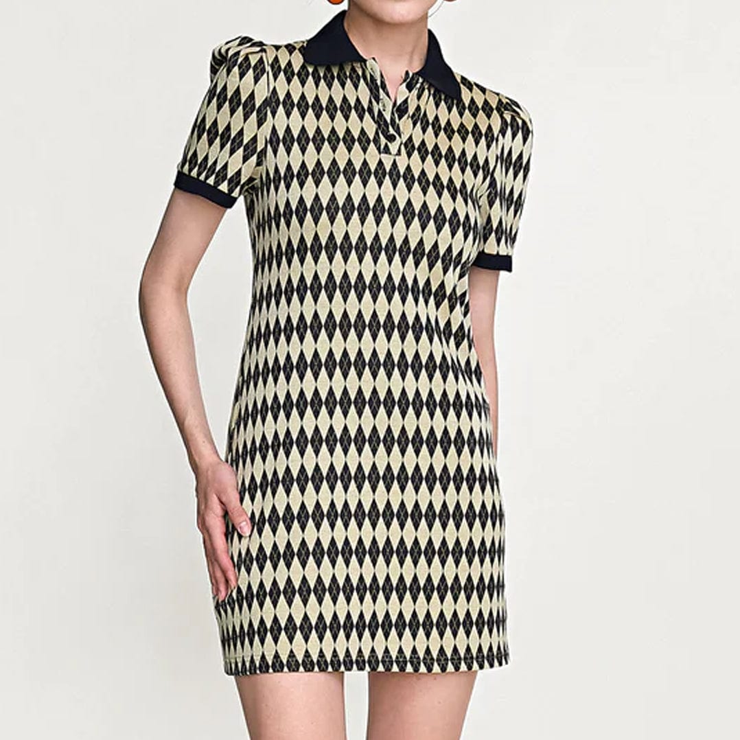 Argyle Knit Polo Collar Puff Sleeve Contrast Trim Mini Dress