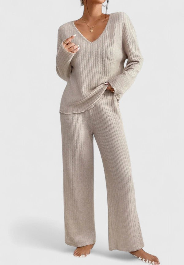 V-Neck Long Sleeve Ribbed Knit Top and Wide Leg Pants Two Piece Set