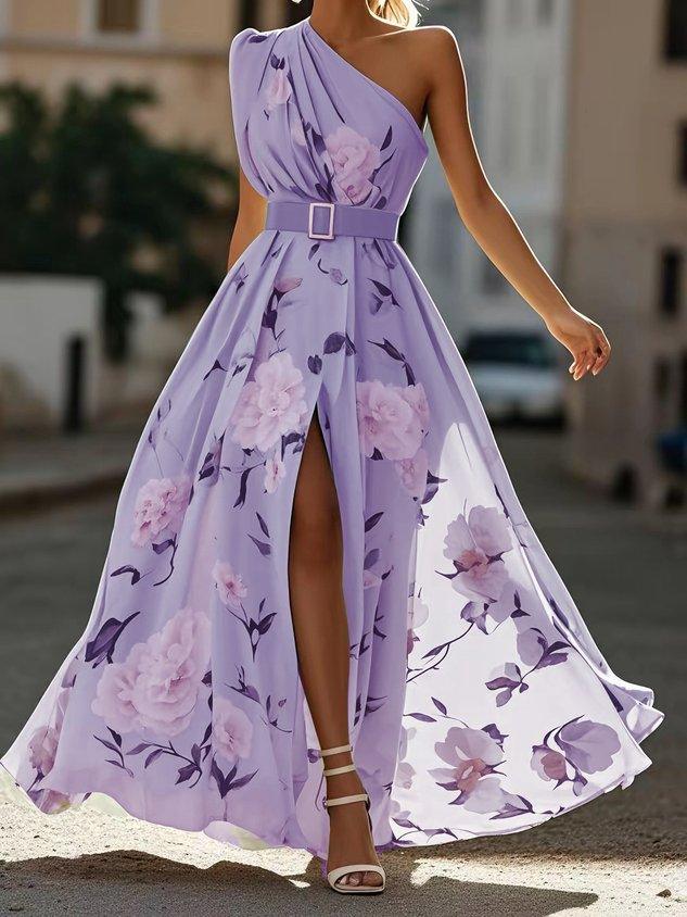Light Green Floral Ruched One Shoulder A-Line Maxi Chiffon Dress Purple