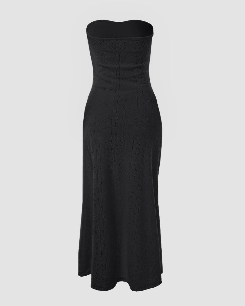 Strapless Eyelet Ruched High Split Midi Dress Summer 20