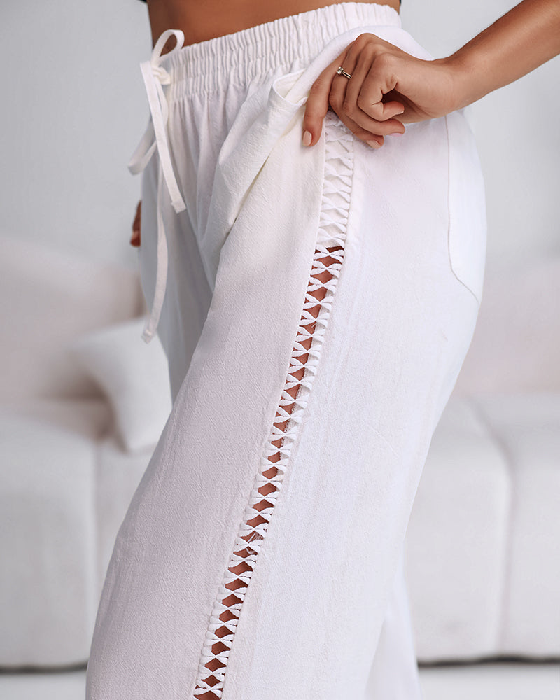 Natural Casual Pants With Hollow Out Spliced Details Drawstring Elastic Waist Pocket Cotton
