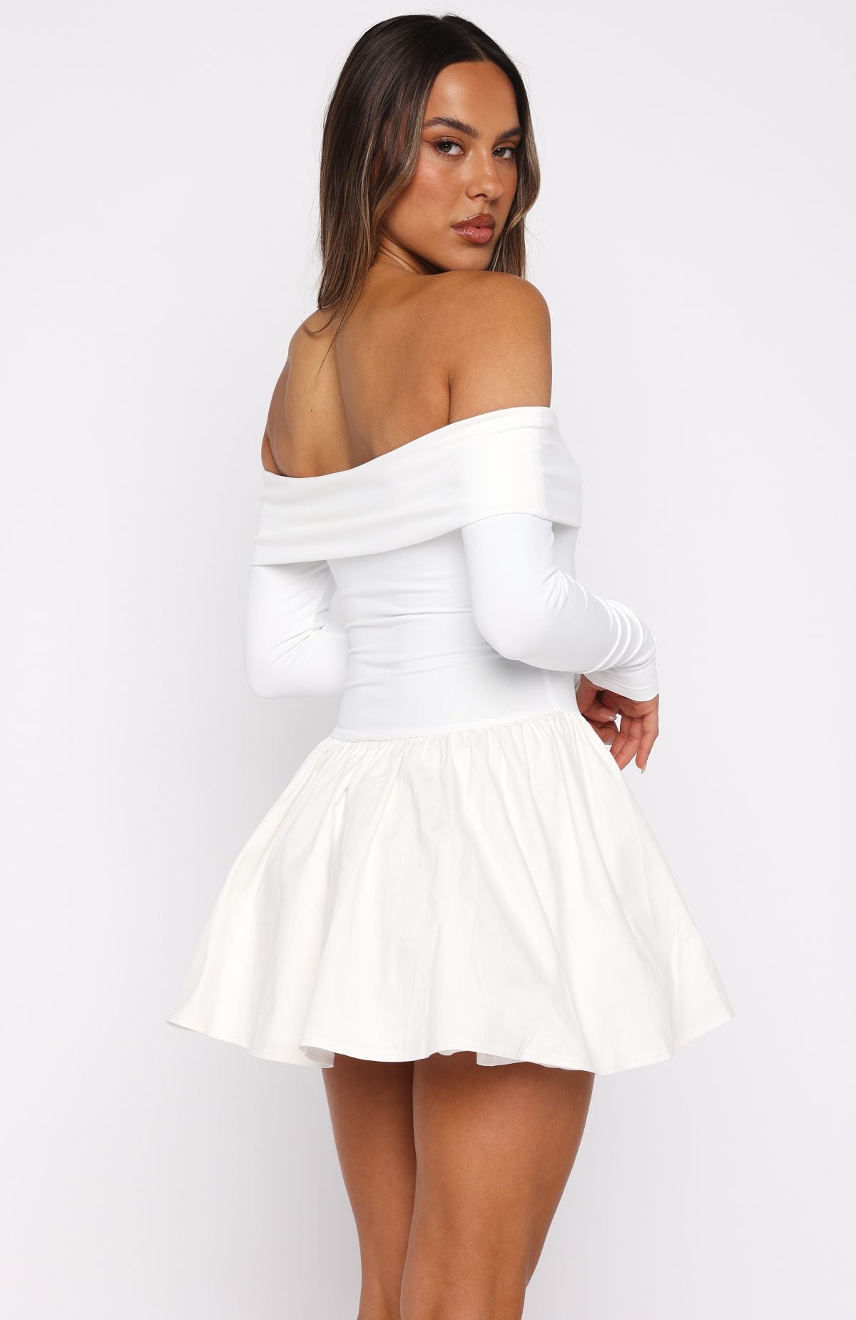 Fold Over Off Shoulder Long Sleeve Drop Waist Skater Mini Dress 4