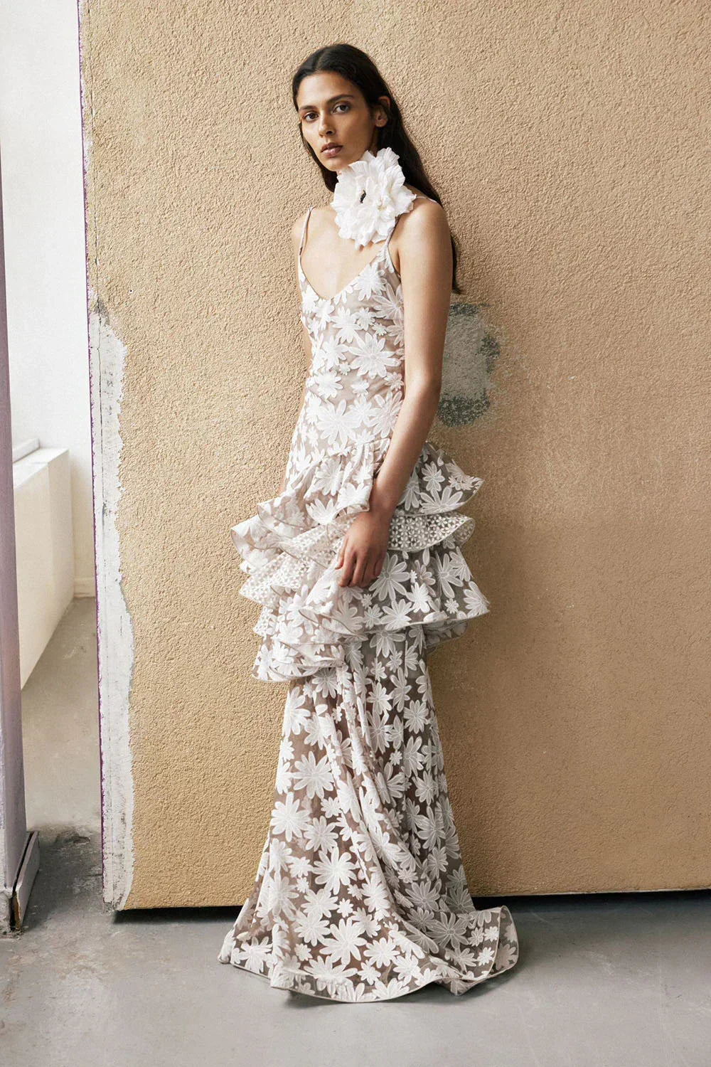 Sheer Floral Jacquard Tiered Ruffle Rosette Detail Maxi Dress 10
