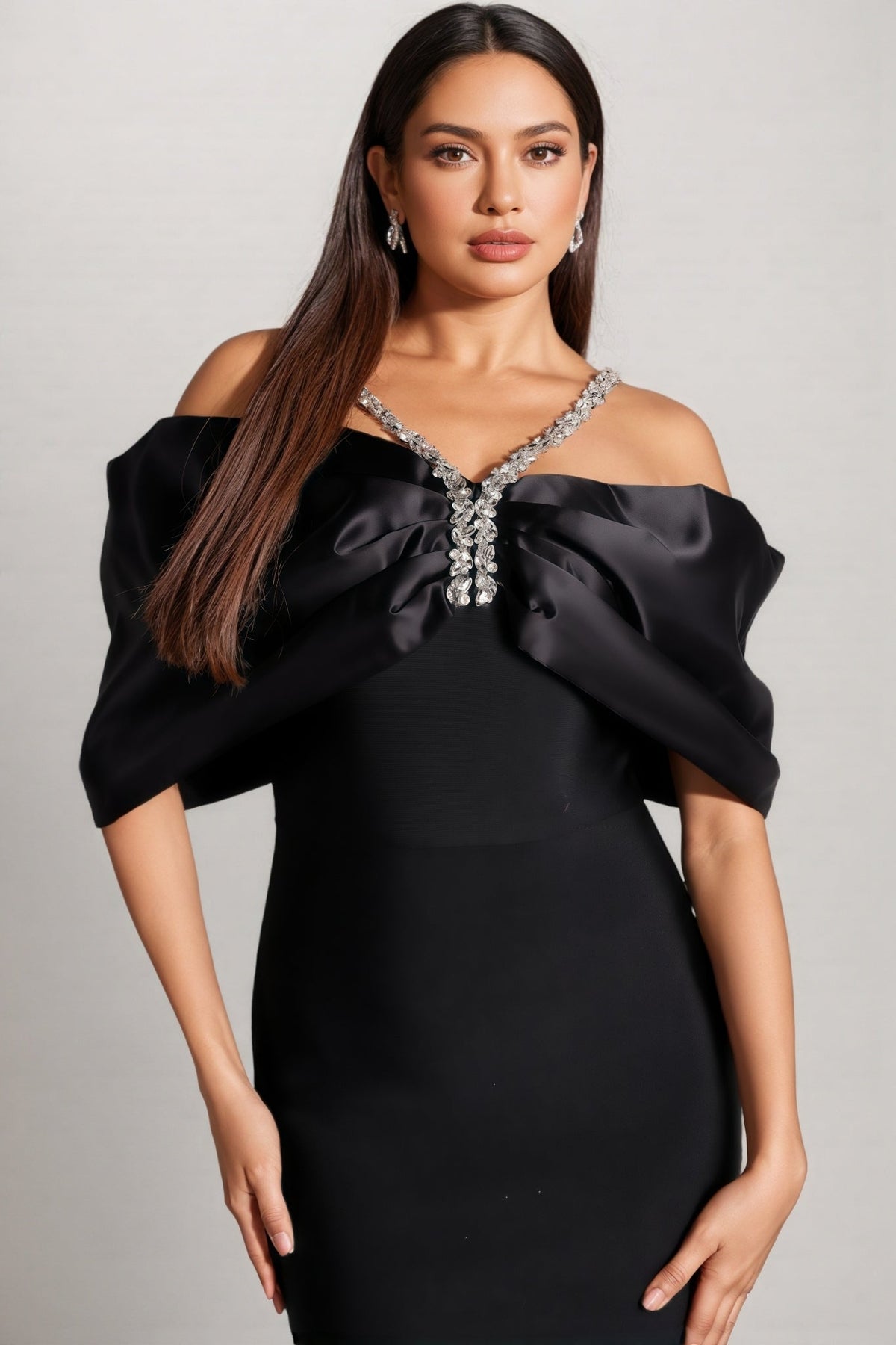 Off Shoulder Satin Bow Rhinestone Halter Strap Bodycon Maxi Dress 4
