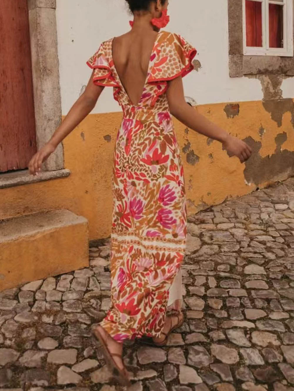 Fashionable V Neck Ruffled Open Print Backless Dress