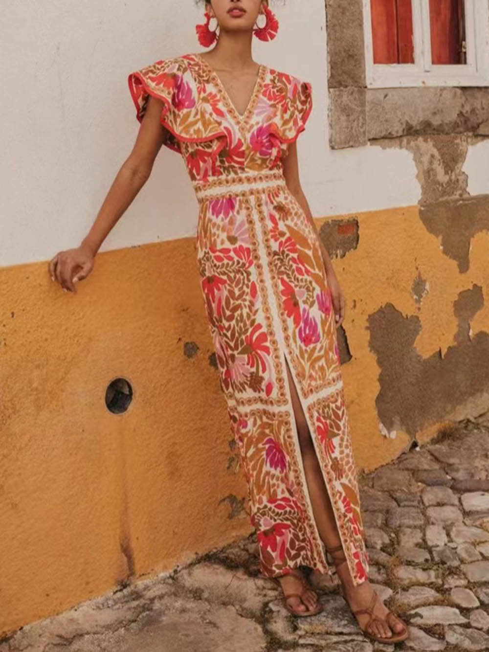 Fashionable V Neck Ruffled Open Print Backless Dress