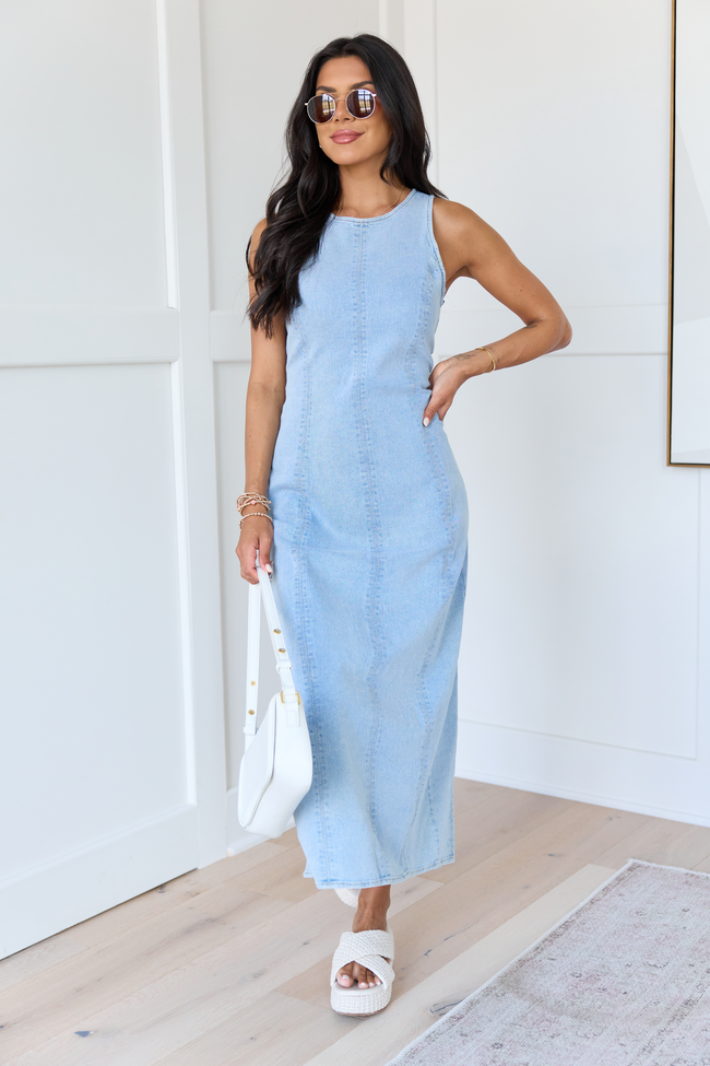 Denim-Look Crew Neck Sleeveless Seamed Column Maxi Dress 2