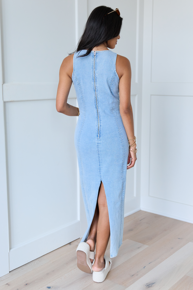 Denim-Look Crew Neck Sleeveless Seamed Column Maxi Dress 5