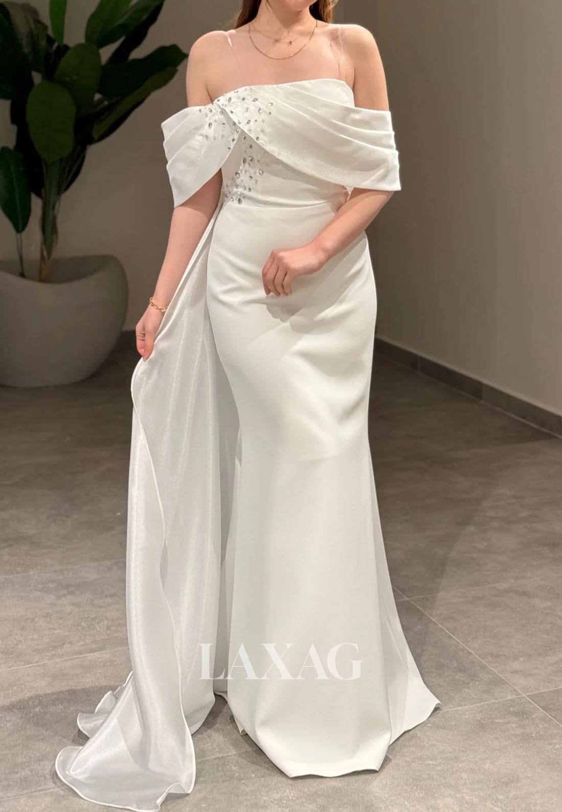 Asymmetrical-Neck Sleeveless Mermaid Evening Dress Beaded PleatedSatin Formal Gowns