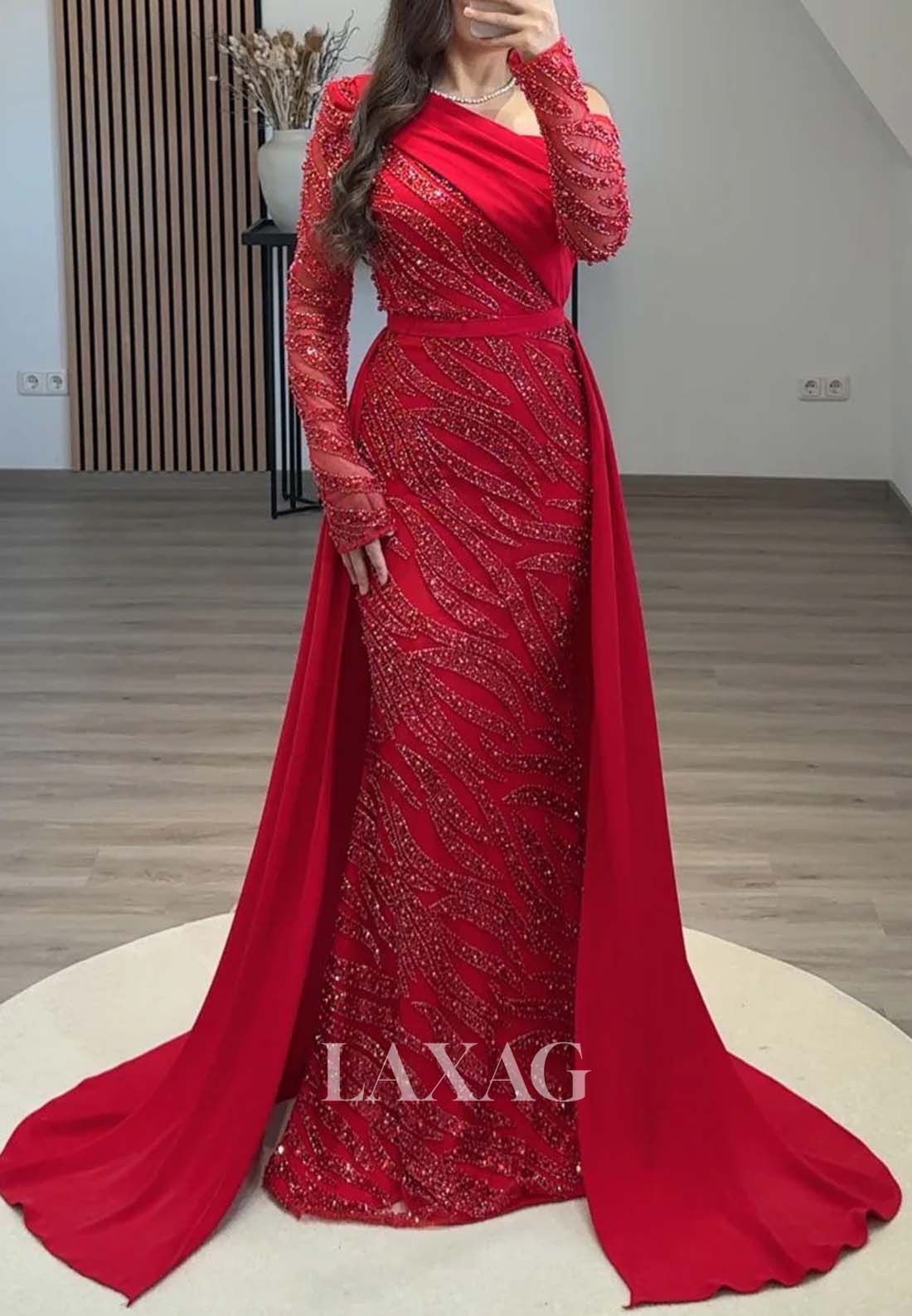 Asymmetrical-Neck Long-Sleeves Mermaid Evening Dress Beaded Pleated Formal Gowns with Satin Trian