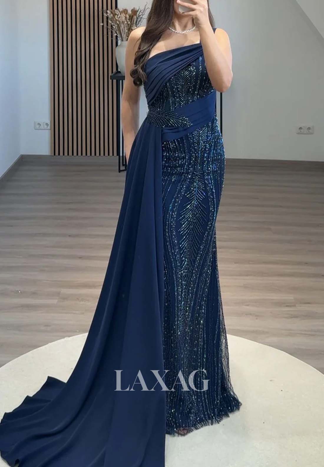 Asymmetrical-Neck Sleeveless Pleated Mermaid Evening Dress Fully Beaded Formal Gowns with Satin Train