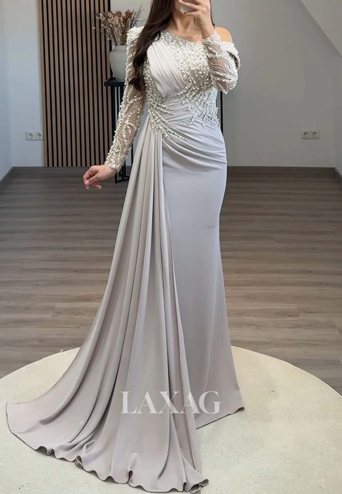 Long-Sleeves Beaded Pleated Formal Gowns Asymmetrical-Neck Sweep Train Mermaid Evening Dress