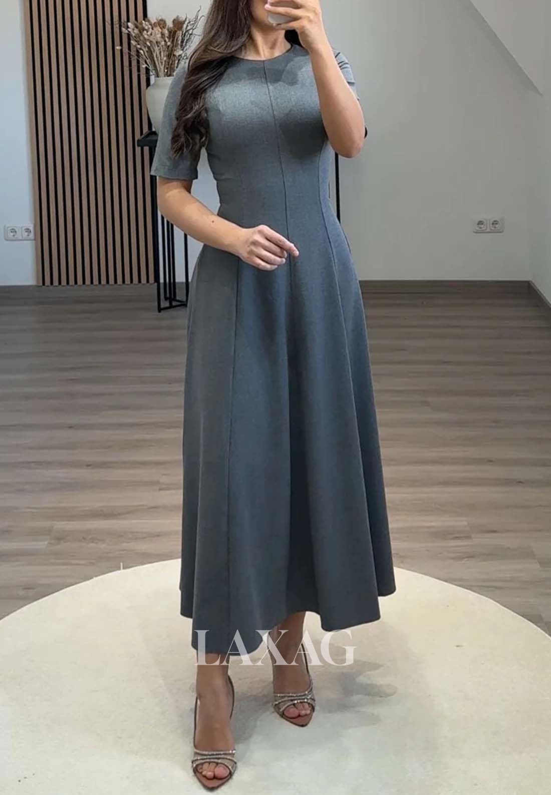 Scoop-Neck Short-Sleeves A-Line Evening Dress Simple Satin Tea-Length Formal Gowns