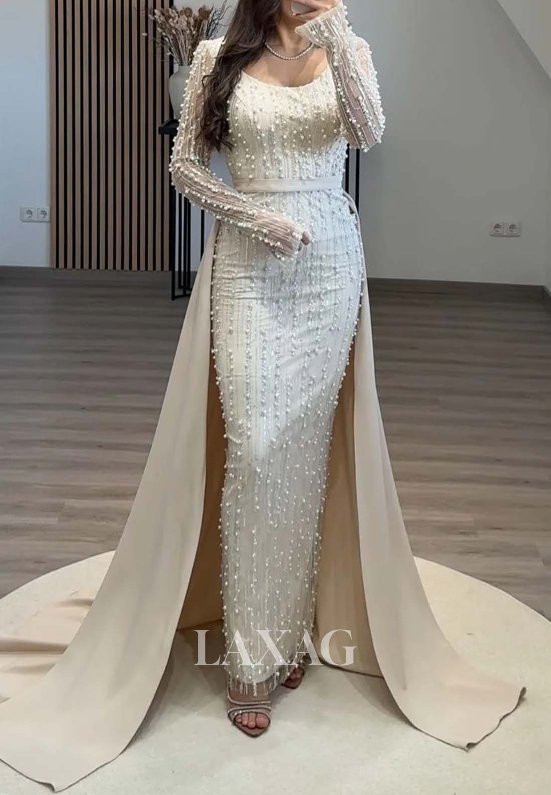Scoop-Neck Long-Sleeves Formal Gowns Beaded Pleated Mermaid Evening Dress with Tulle Train
