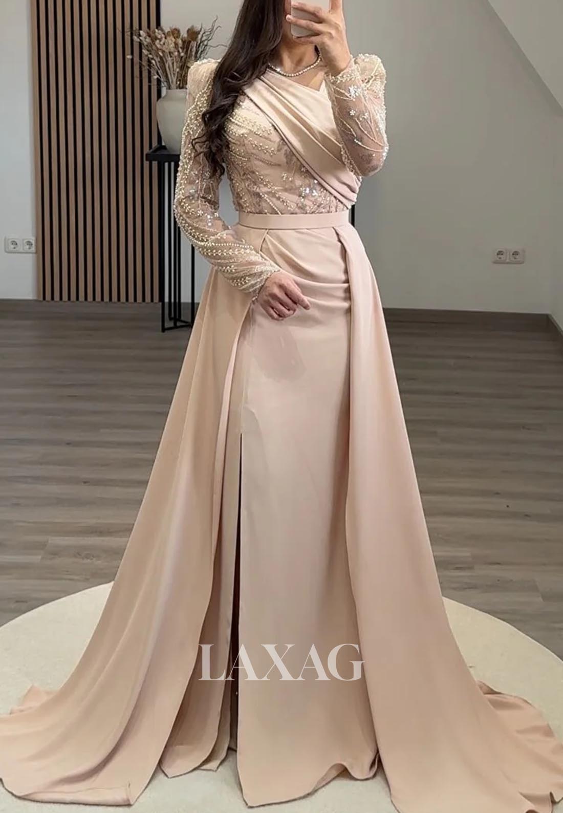 Asymmetrical-Neck Long-Sleeves Mermaid Evening Dress Beaded Pleated Satin Formal Gowns with Train