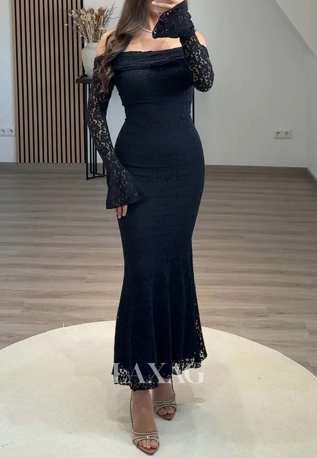 Tube Top Allover Lace Ankle-Length Formal Gowns Long-Sleeves Pleated Mermaid Evening Dress