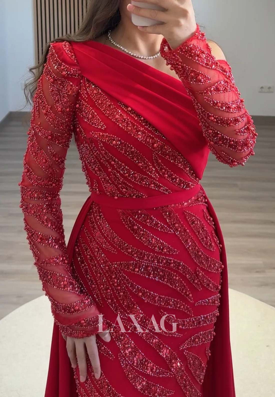 Asymmetrical-Neck Long-Sleeves Mermaid Evening Dress Beaded Pleated Formal Gowns with Satin Trian