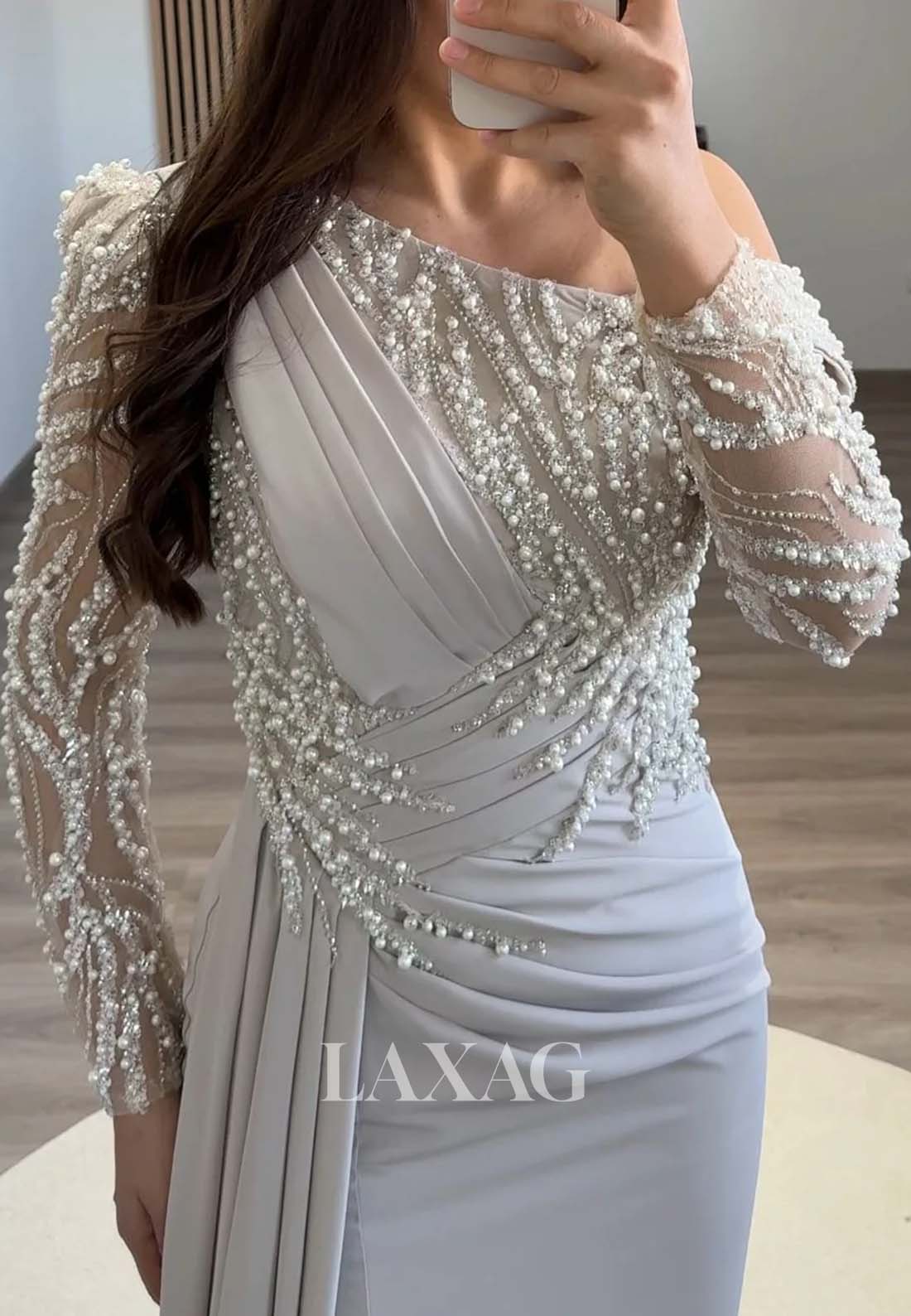 Long-Sleeves Beaded Pleated Formal Gowns Asymmetrical-Neck Sweep Train Mermaid Evening Dress