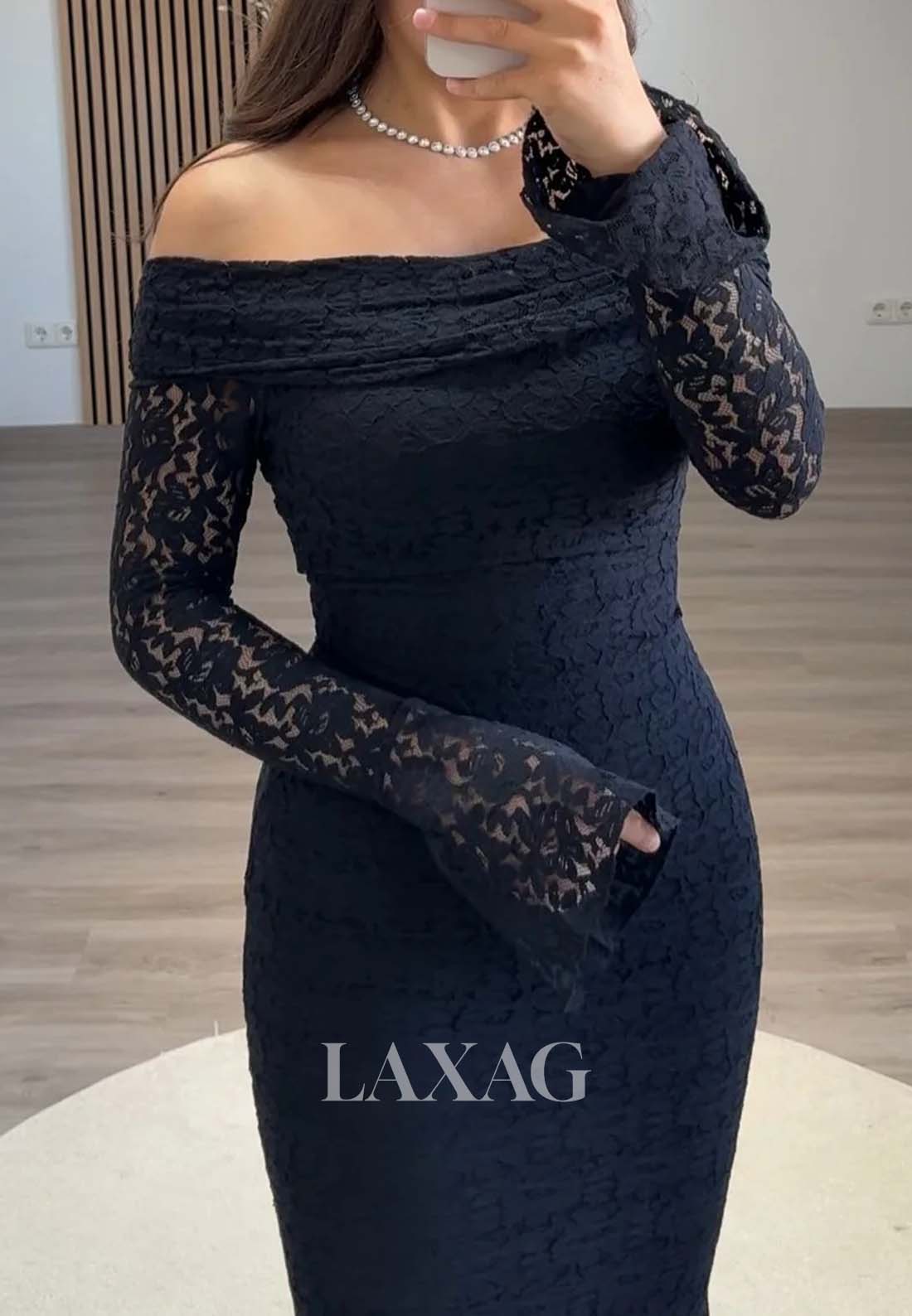 Tube Top Allover Lace Ankle-Length Formal Gowns Long-Sleeves Pleated Mermaid Evening Dress