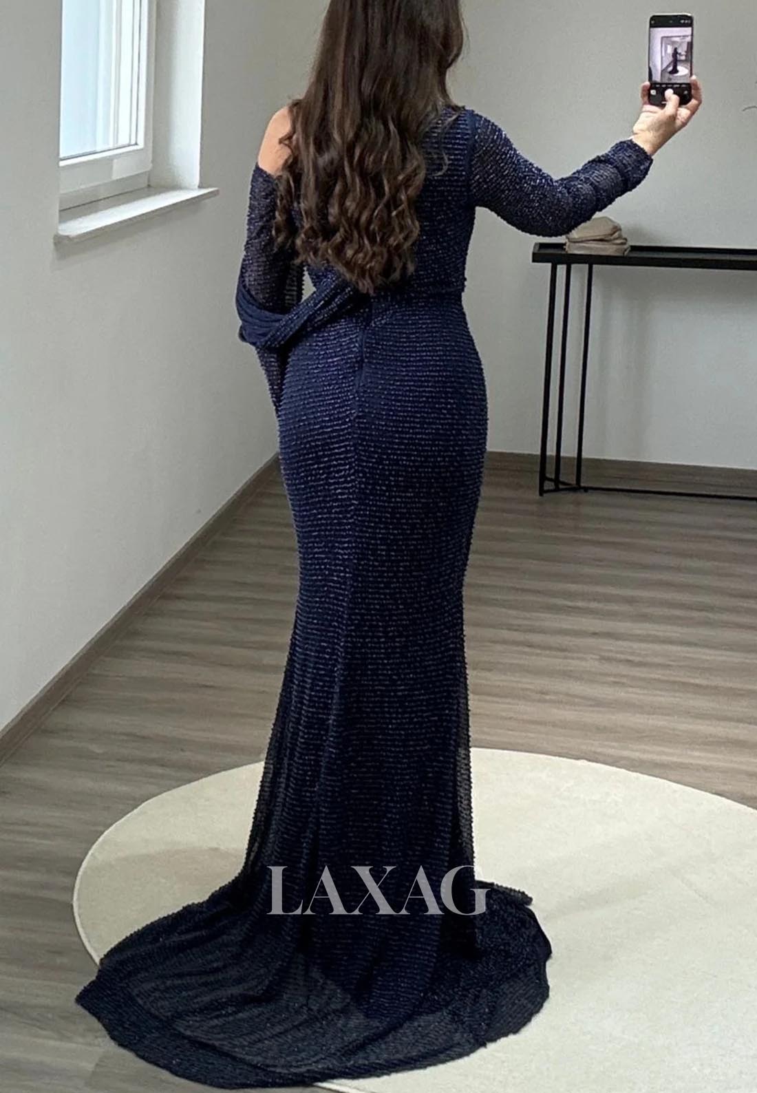 Long-Sleeves Asymmetrical-Neck Pleated Formal Gowns Fully Beaded Sweep Train Mermaid Evening Dress