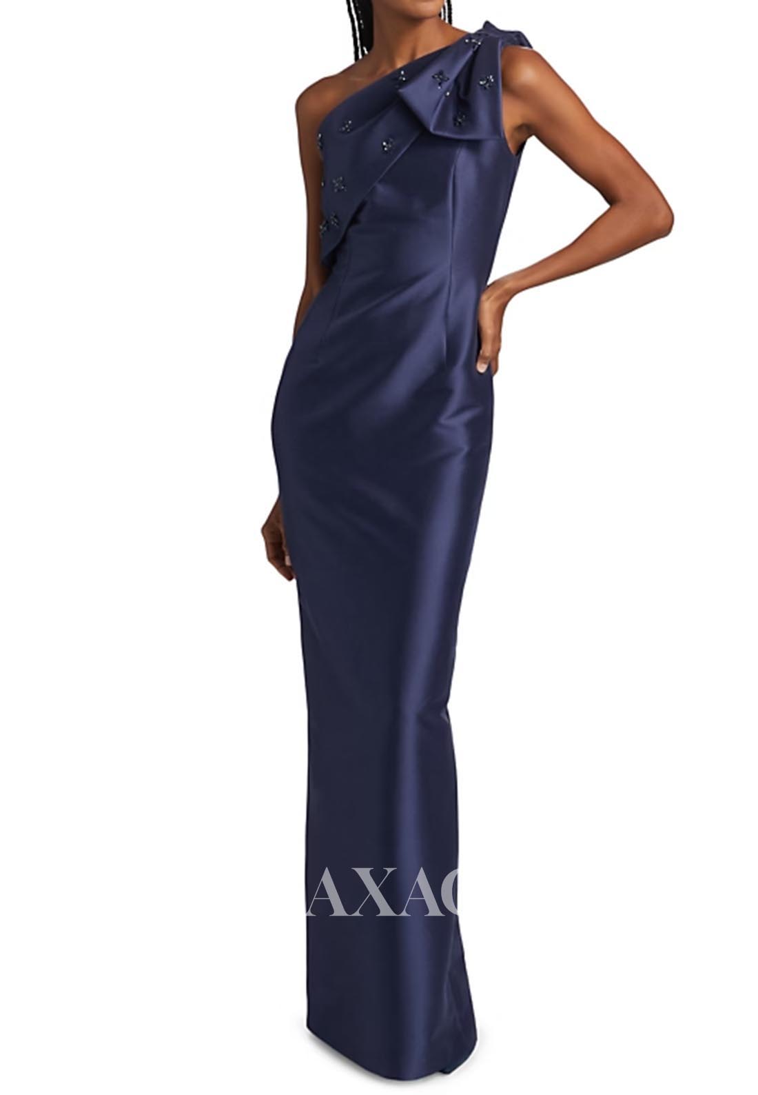 Asymmetrical-Neck Sleeveless Formal Gowns Beaded Floor-Length Mermaid Evening Dress