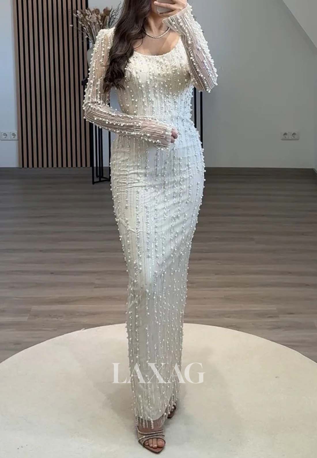 Scoop-Neck Long-Sleeves Formal Gowns Beaded Pleated Mermaid Evening Dress with Tulle Train
