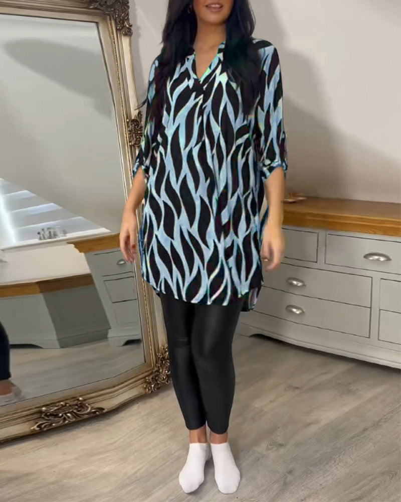 Abstract Print Roll Tab Long Sleeve Collared Button Down High Low Shirt Top