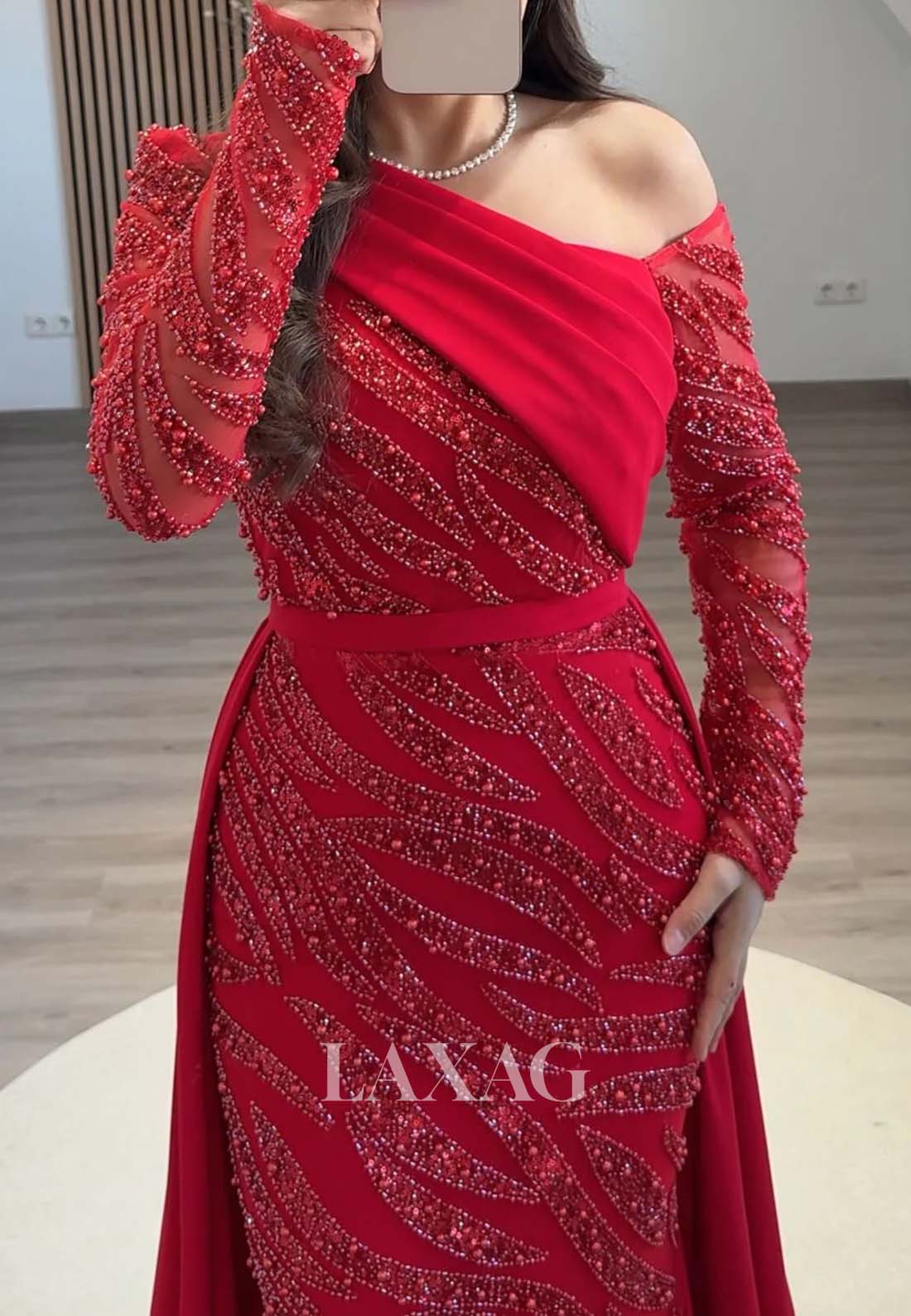 Asymmetrical-Neck Long-Sleeves Mermaid Evening Dress Beaded Pleated Formal Gowns with Satin Trian