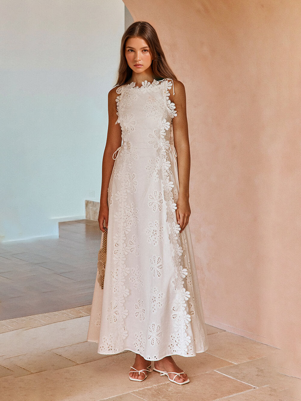 Floral Eyelet Lace Sleeveless Applique Trim Tie Waist A-Line Maxi Dress 2