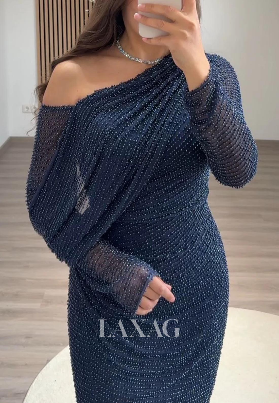 Long-Sleeves Asymmetrical-Neck Pleated Formal Gowns Fully Beaded Sweep Train Mermaid Evening Dress