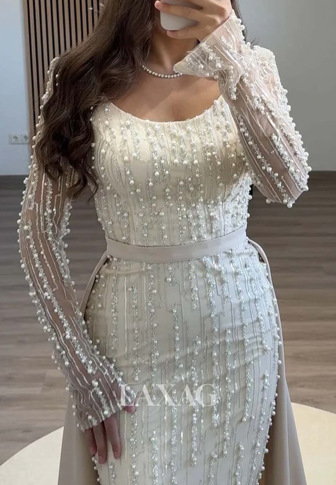 Scoop-Neck Long-Sleeves Formal Gowns Beaded Pleated Mermaid Evening Dress with Tulle Train