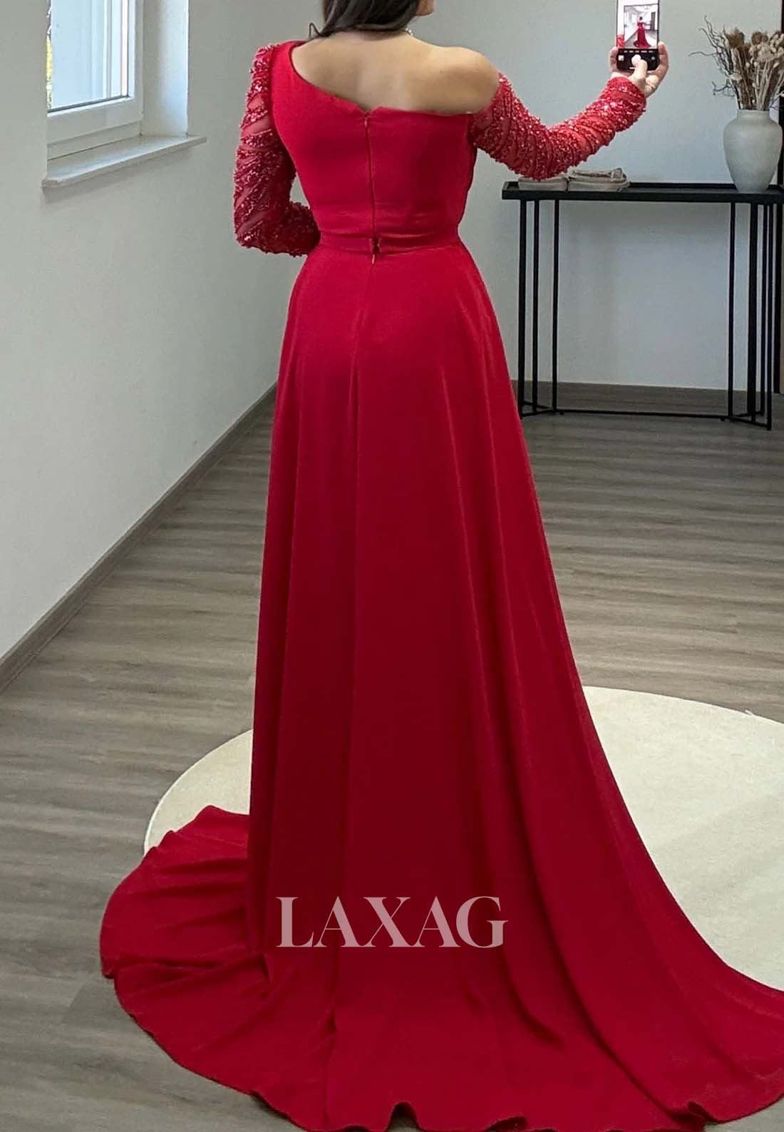 Asymmetrical-Neck Long-Sleeves Mermaid Evening Dress Beaded Pleated Formal Gowns with Satin Trian