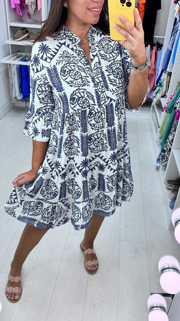 Mosaic Print Smock Dress Navy Blue S