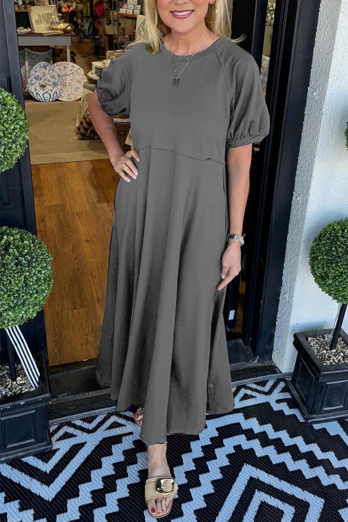 Round Neck Puff Sleeve Fit and Flare Midi Dress