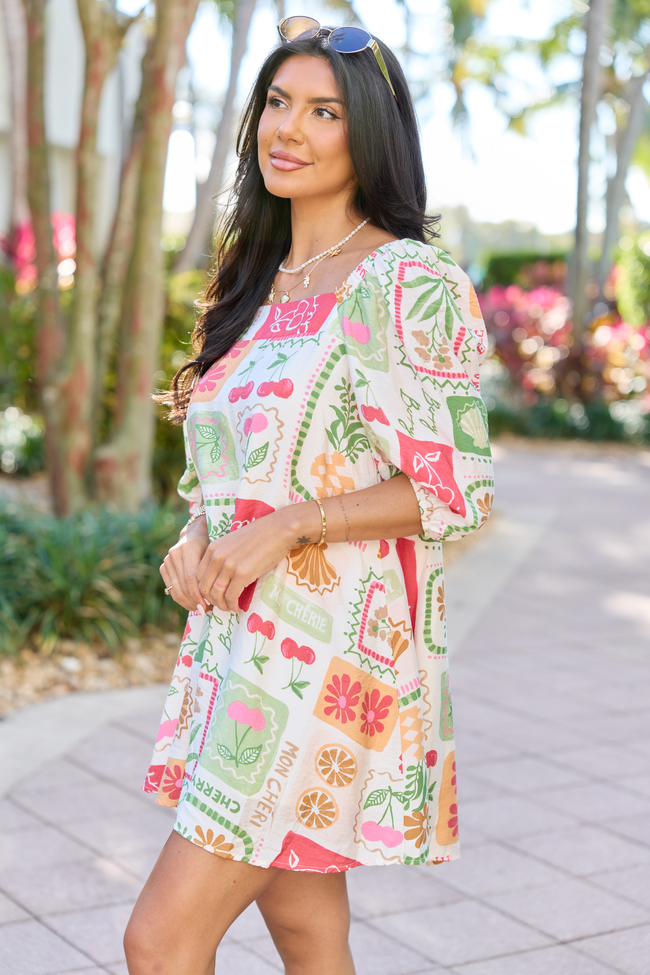 Patchwork Print Square Neck Puff Sleeve Shift Mini Dress 4