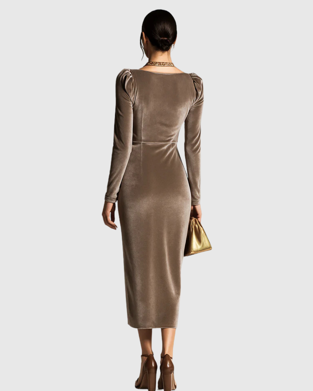 Velvet Cowl Neck Long Sleeve Ruched Wrap Midi Dress 4