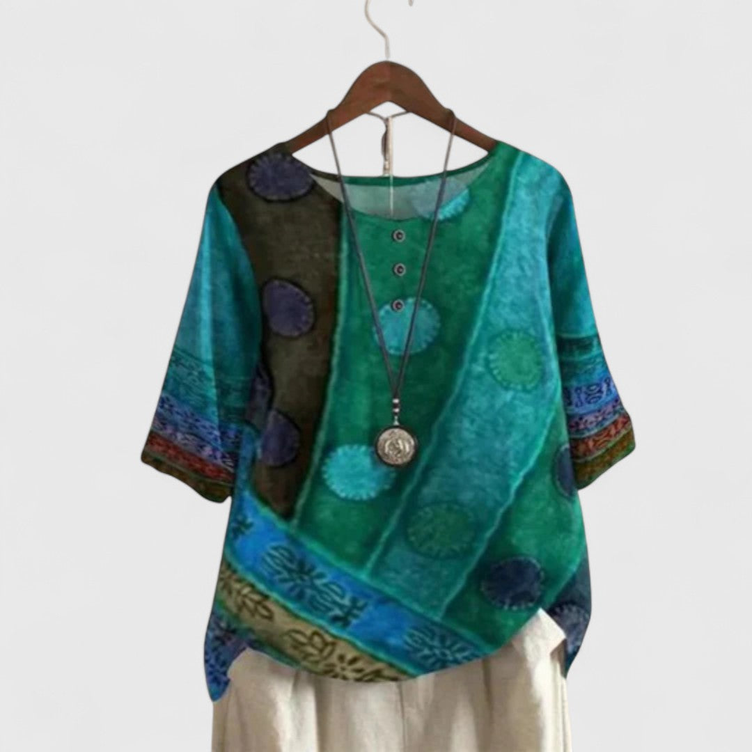 Round Neck Half Sleeve Polka Dot Patchwork Print Top