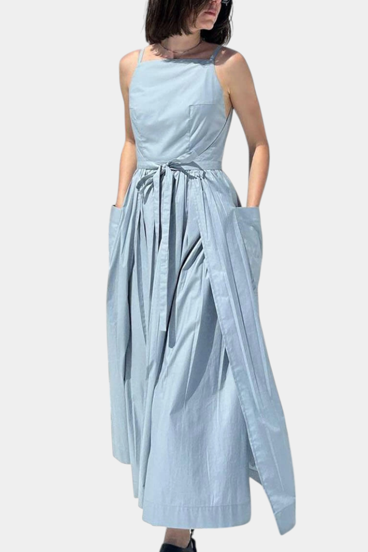 Square Neck Spaghetti Strap Tie Waist Wide Leg Jumpsuit