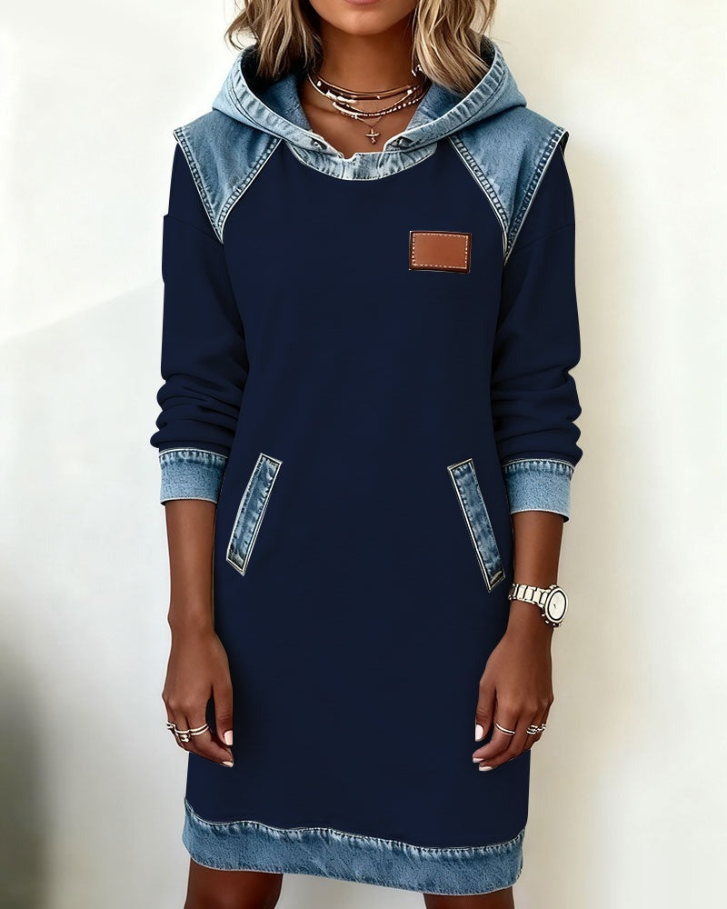 Hooded Long Sleeve Denim Patchwork Mini Dress Pocket 13